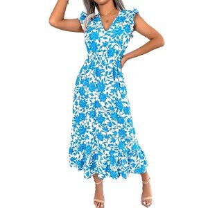 Bright Blue Floral Patterned Short-Sleeve Midi Dress